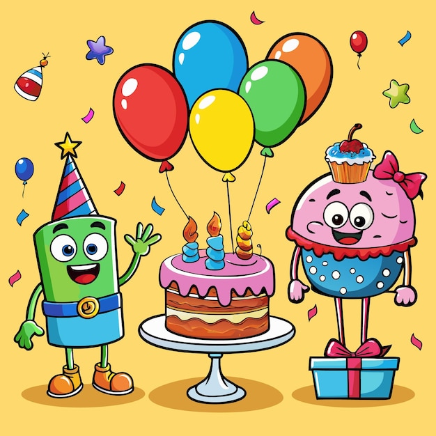 Photo colorful happy birthday illustration balloons cake and gifts