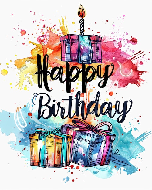 Colorful Happy Birthday Illustration Featuring Watercolor Style Gifts and Candle