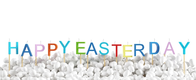 Colorful "Happy Easter Day" word made with candle overlap white egg celebration for Easter day