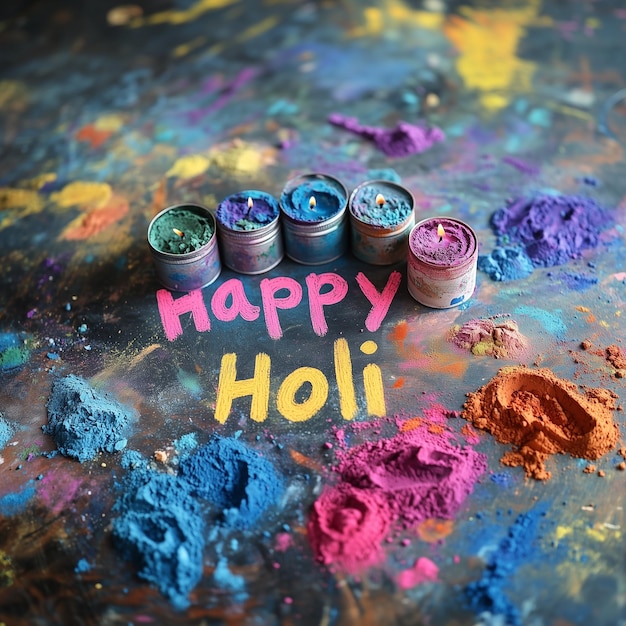 Colorful Happy Holi candles and vibrant powder on a table