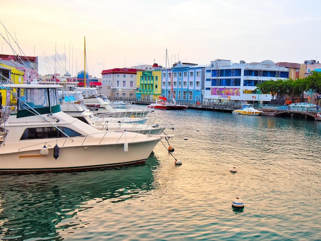 Colorful Harbor with Boats at Sunset