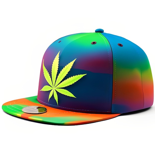 A colorful hat with a marijuana leaf on it