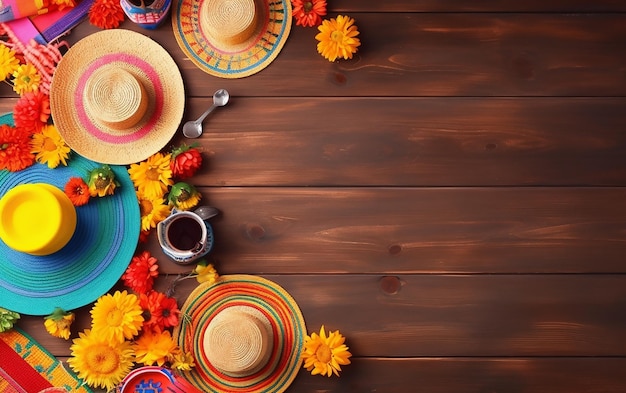 Colorful hats on a wooden table with a cup of coffee and a coffee cup.