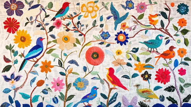 Colorful Hawaiian embroidered wall hanging white background many colors birds and flowers in the