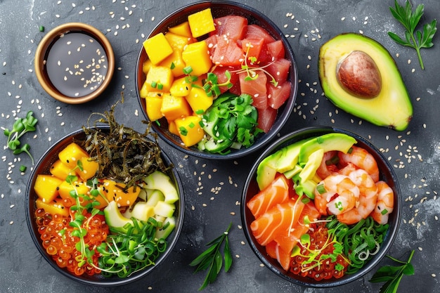 Colorful Hawaiian poke bowls with fresh seafood and tropical ingredients