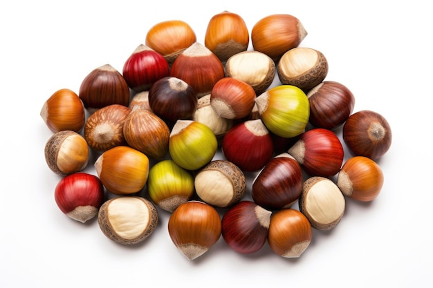 Colorful hazelnuts white isolated background