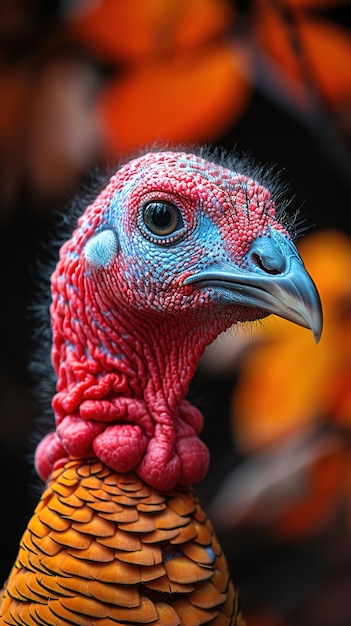 a colorful head of a chicken with a red head