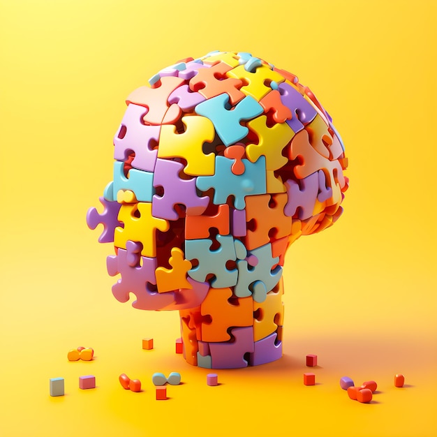 A colorful head made of puzzle pieces is surrounded by other puzzle pieces.