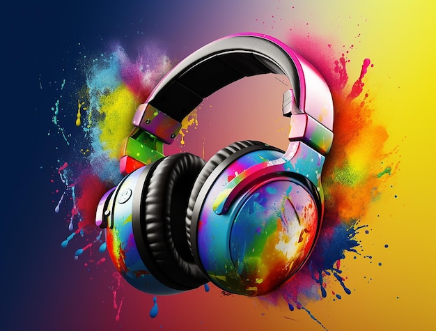 A colorful headphones with a rainbow colored background.