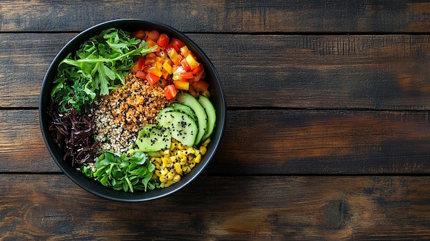 Photo a colorful healthy bowl of fresh ingredients captured from a high angle view on a wooden table perfect for nutritionfocused content