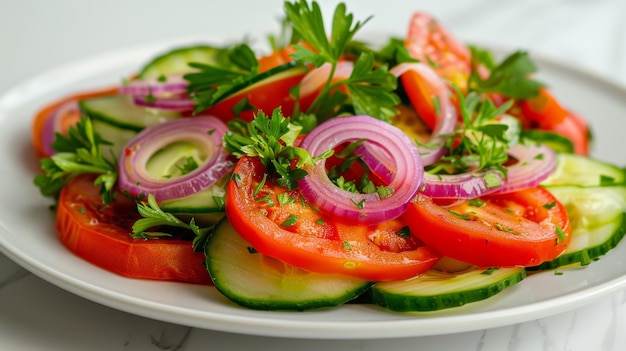 A colorful healthy salad with slices of tomato cucumber and red onion garnished with parsley on a white plate perfect for a fresh meal