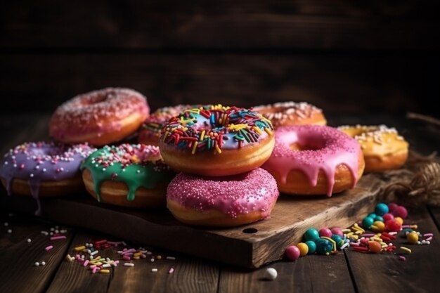 Colorful Heap of Assorted Sprinkled Donuts on Wood Table