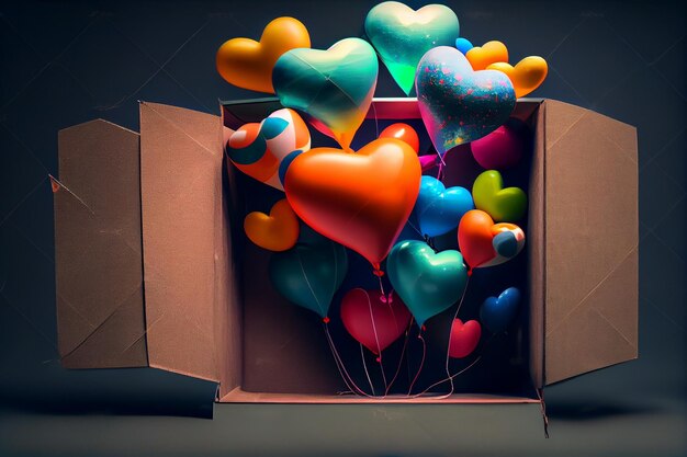 Colorful heart balloons fly out of a boxgenerative ai