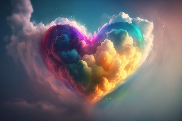 Colorful heart floats among clouds creating an abstract dreamy background