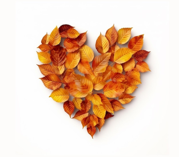 Colorful heart made of autumn leaves on White background Symbol of fall season top view isolated