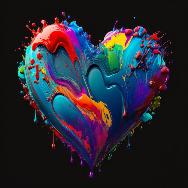 Colorful heart painted with paint splashes on black background Generative AI