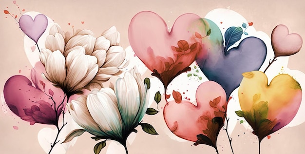 Colorful Heart-shaped Flowers. Valentine's Day Postcard with Watercolor Love Hearts. Beautiful Flowe