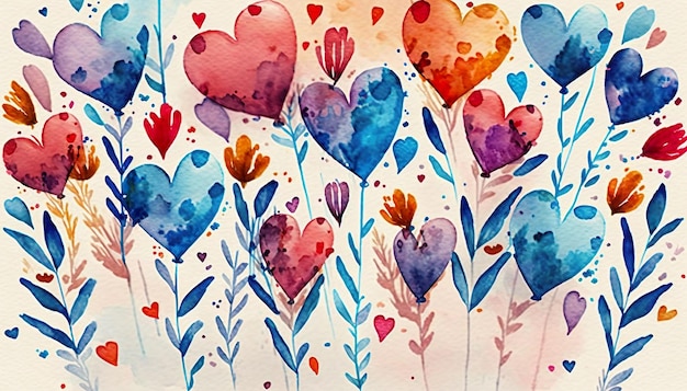 Colorful Heart-shaped Flowers. Valentine's Day Postcard with Watercolor Love Hearts. Beautiful Flowe