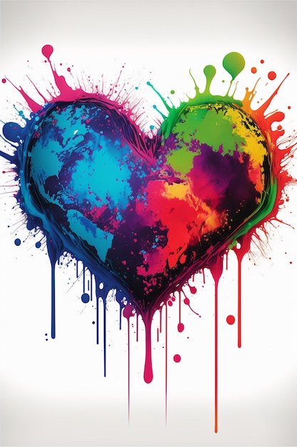 Colorful heart splattered with paint on a white background generative ai