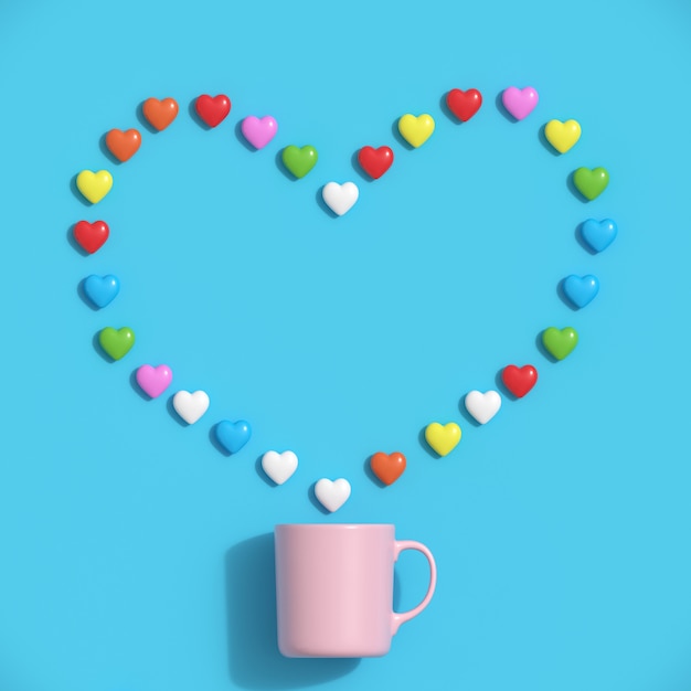 Colorful hearts shape with pink mug on blue background. minimal valentine concept idea.