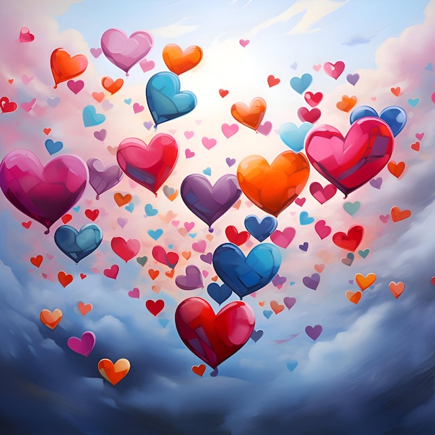 Colorful heartshaped balloons on a background of the blue sky