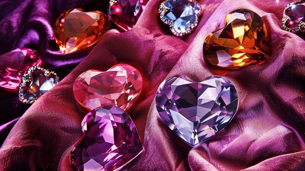 Photo colorful heartshaped gemstones arranged beautifully on luxurious purple fabric