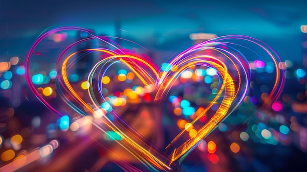 Colorful heartshaped light trails against a bokeh background