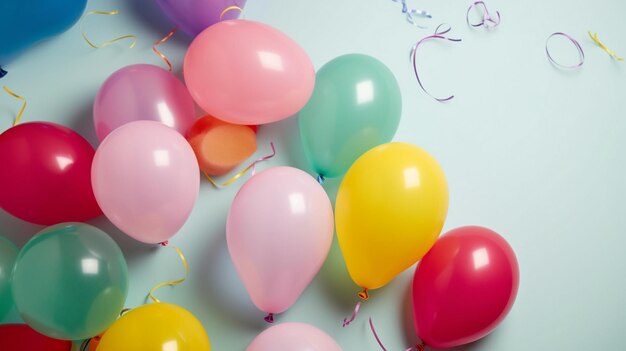 Colorful helium balloons on light pastel background