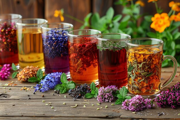 Photo colorful herbal teas displayed in glasses on rustic wooden table surrounded by fresh flowers