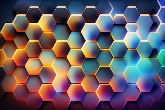 A colorful hexagons background with a blue and orange background.