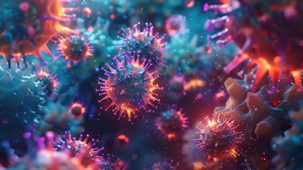 Colorful highresolution image of microscopic viruses and cells showcasing the intricacies of biology and the microscopic world