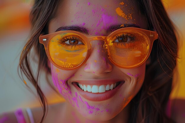 Photo colorful holi celebration with smiling woman in orange sunglasses perfect for festival cards and posters