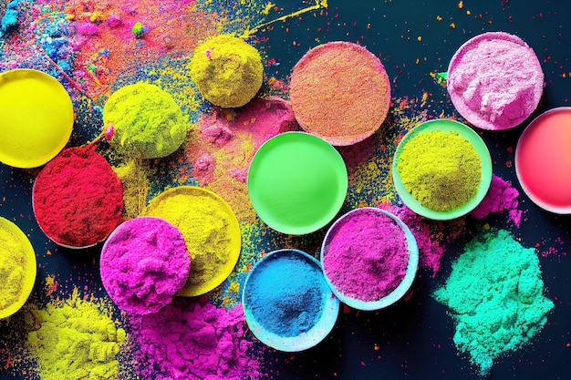 A colorful holi powder is seen in front of a black background.