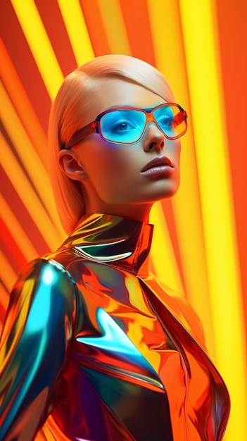 Colorful holographic gradient metal costume woman in sunglasses futuristic neon lights