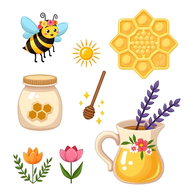 Photo colorful honey illustration honeycomb illustration honey dipper art flower and honeycomb design