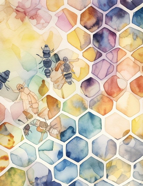 A colorful honeycomb pattern with bees on it.