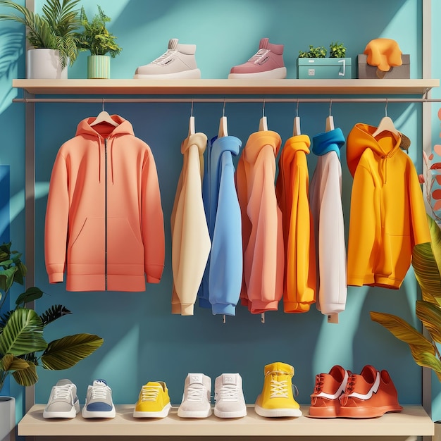 Photo colorful hoodies and sneakers on display in store