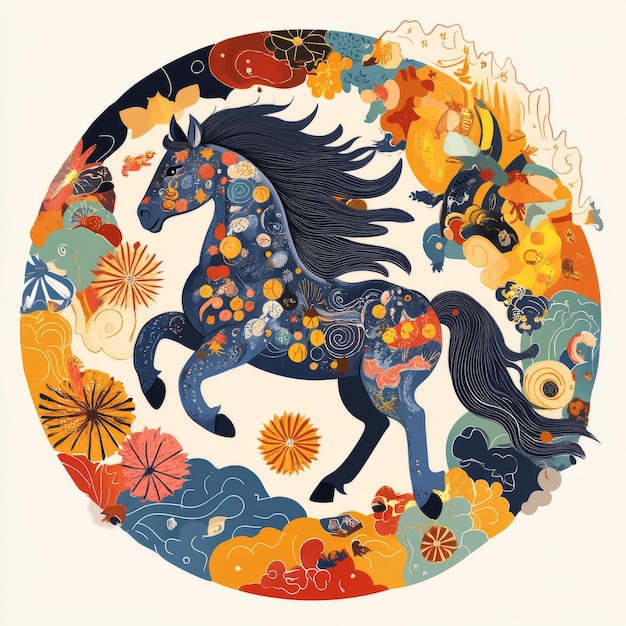 Photo colorful horse in circle with floral and cloud designs