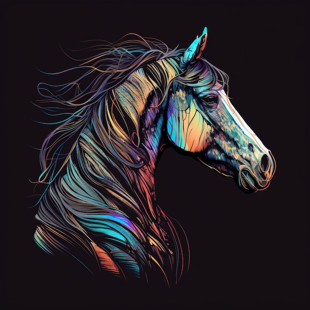 A colorful horse with a long mane and a black background.