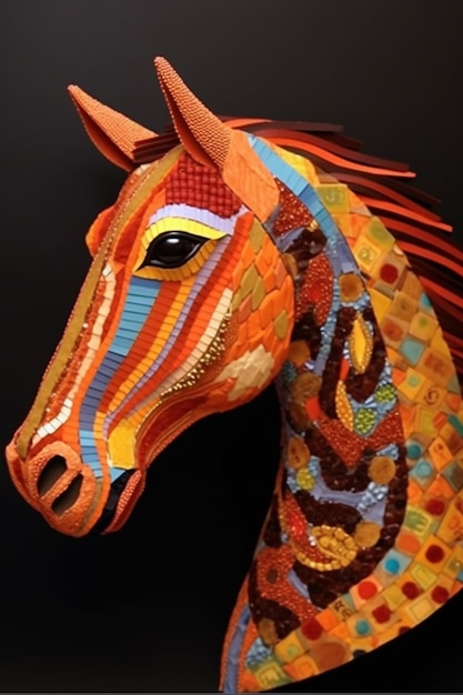 A colorful horse with a yellow stripe on its face.