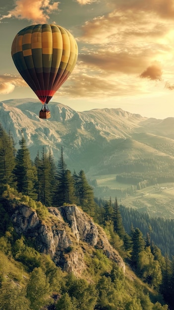 A colorful hot air balloon floats over a picturesque landscape at sunrise ideal for travel or nature themes Vertical format With copy space