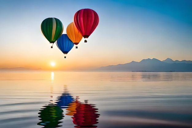 A colorful hot air balloon is floating in the sky over a lake.