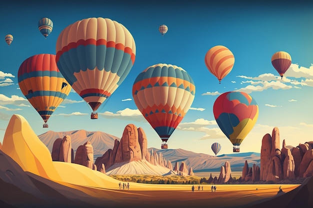 A colorful hot air balloon is flying over a desert with a blue sky and mountains in the background.