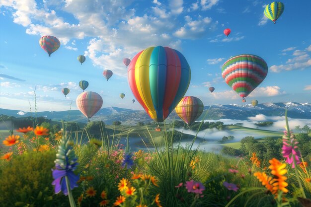 a colorful hot air balloon is flying over a field of flowers