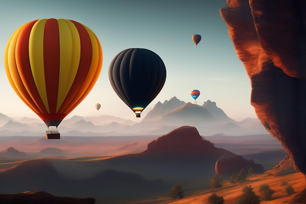 A colorful hot air balloon is flying over a field with trees in the background