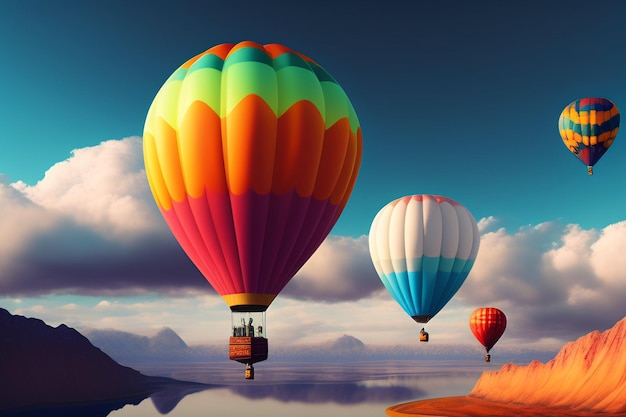 A colorful hot air balloon is flying over a lake and the sky is blue and cloudy.