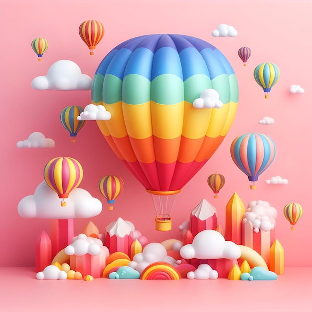 The colorful hot air balloon soared isolated on a plain balloon pink background painting the sky w