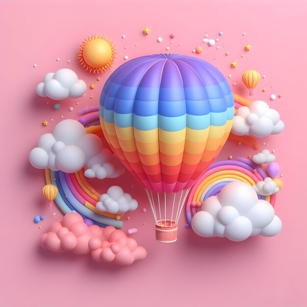 The colorful hot air balloon soared isolated on a plain balloon pink background painting the sky w