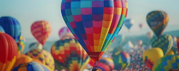 Colorful Hot Air Balloon Soaring Above Crowd in a Field Photo