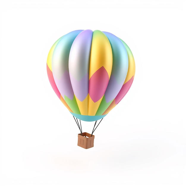 Colorful hot air balloon with a basket floating in the air against a white background